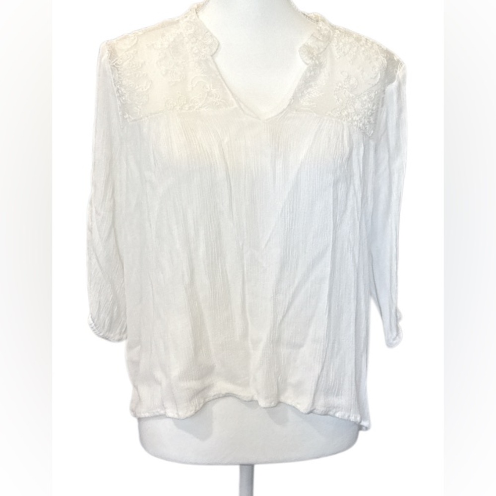Cream Relaxed 3/4 Sleeve Blouse with Bib Collar